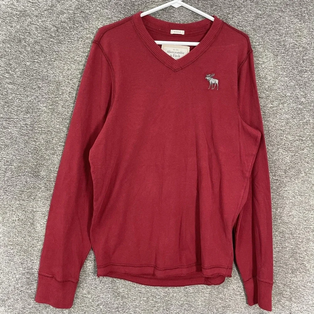 Abercrombie & Fitch Sweater Mens XL Red V Neck Knit Pullover Moose Irregular Y2K